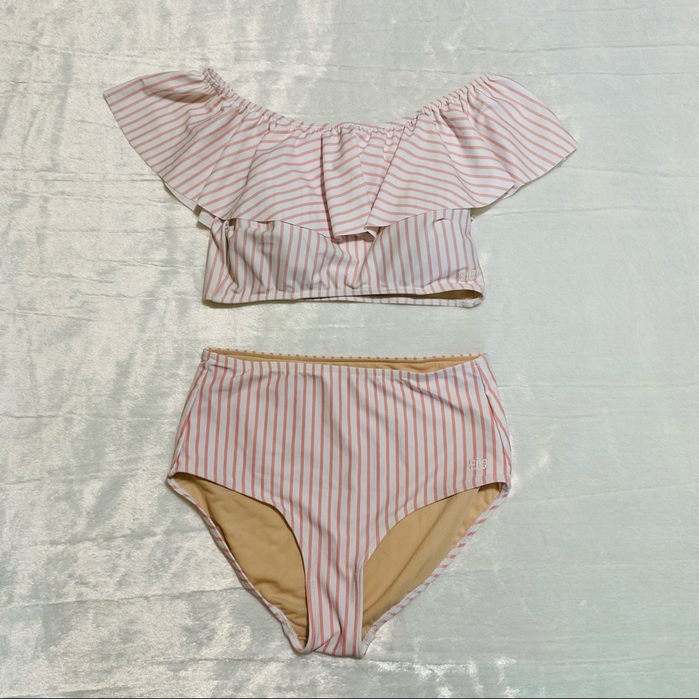 Albion Candy Stripe Wave Swim Crop and Candy Stripe High-Waisted Bottoms, Small
